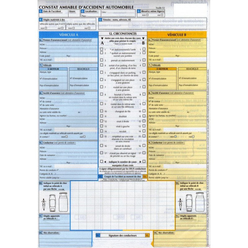  Bloc de 100 fiches "Constat automobile" 