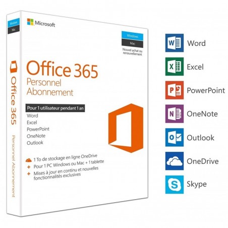 Microsoft Office 365 Personnel Licence d'abonnement 1 an pour un 1 PC ou Mac+1 tablette (QQ2-00890)