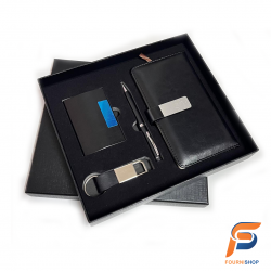 Coffret Cadeau Bureau Premium 4-en-1 Noir – Agenda, Stylo, Porte-Cartes et Porte-Clés | Maroc